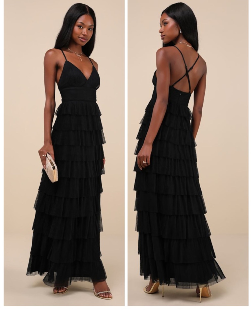 Lulus Radiant Event Black Mesh Tiered Pleated Backless Maxi Dress Size XS Formal